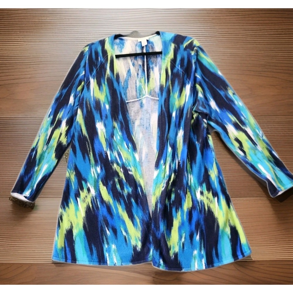 Chicos 2 Womens Open Front Cardigan Size Large Ikat‎ Longline Lightweight Artsy
